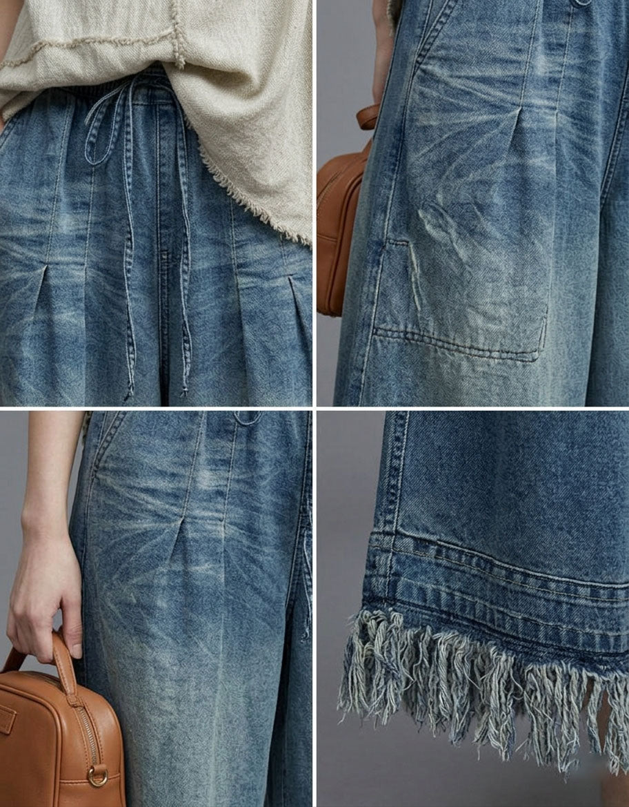 Close-up of Casual Fringe Hem Drawstring Waist Wide Leg Denim Pants