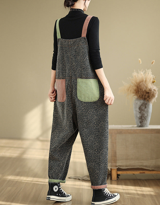 Casual High Waist Leopard Print Denim Jumpsuit