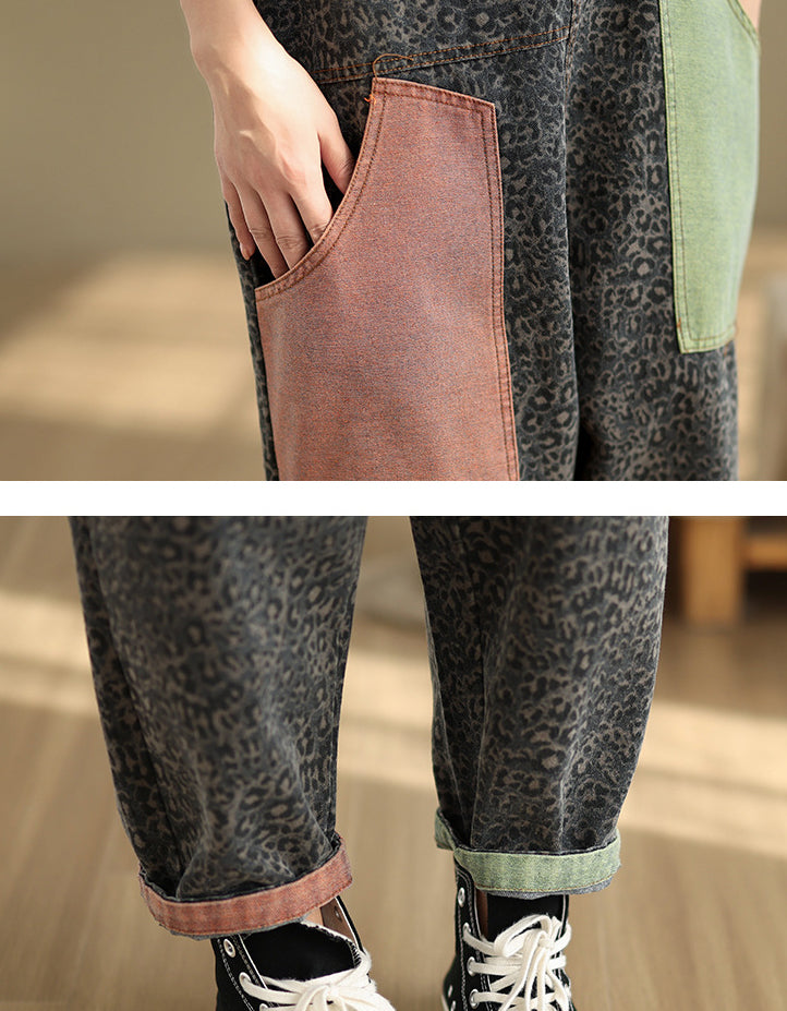 Casual High Waist Leopard Print Denim Jumpsuit