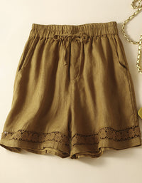 Casual High Waist Linen Lace Trim Shorts