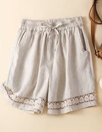Casual High Waist Linen Lace Trim Shorts