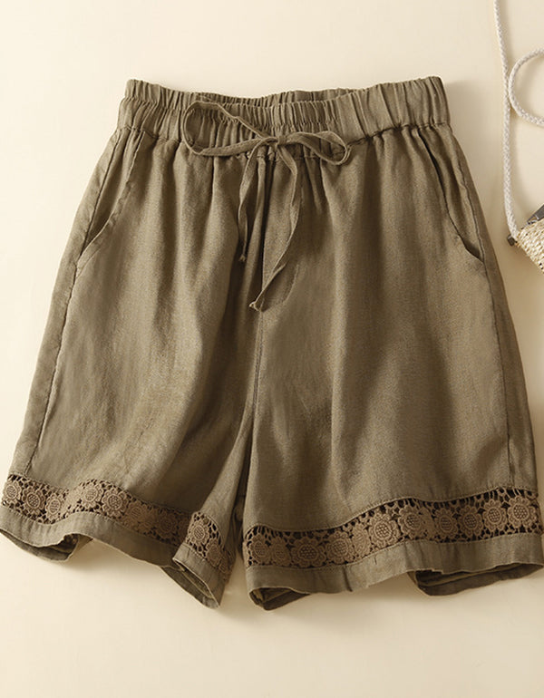 Casual High Waist Linen Lace Trim Shorts