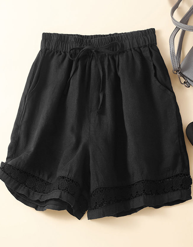 Casual High Waist Linen Lace Trim Shorts