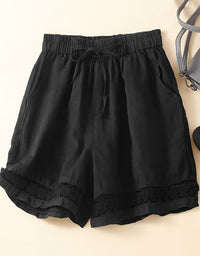 Casual High Waist Linen Lace Trim Shorts