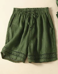 Casual High Waist Linen Lace Trim Shorts