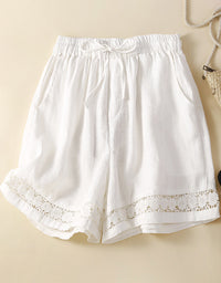 Casual High Waist Linen Lace Trim Shorts