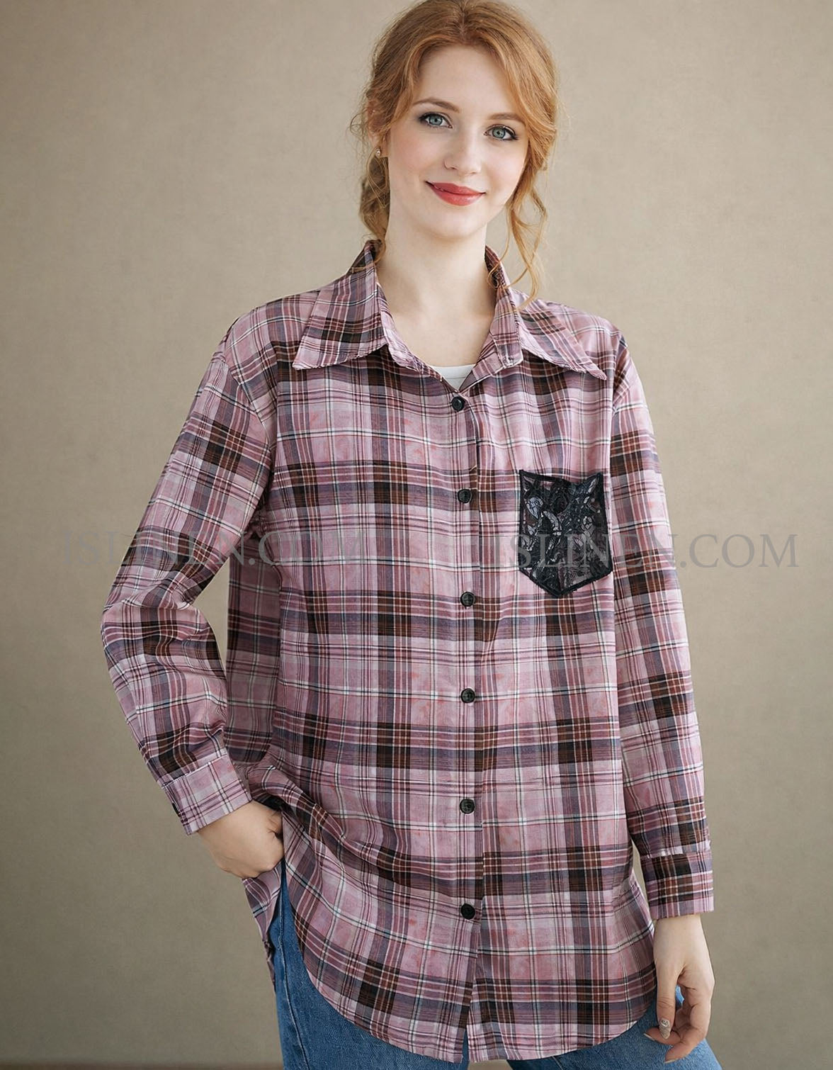 Women’s pink plaid button down shirt front view