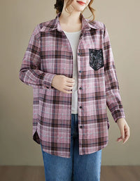 Relaxed fit plaid long sleeve shirt women front view