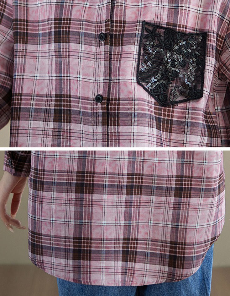 Lace contrast chest pocket on plaid shirt