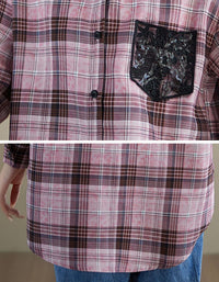 Lace contrast chest pocket on plaid shirt