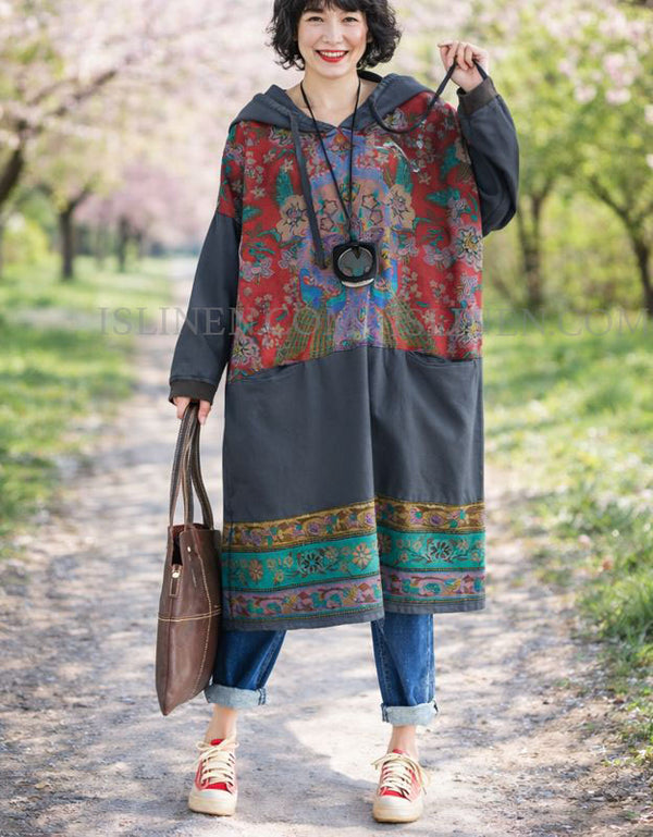Casual Long Sleeve Floral Tunic Hoodie Dress for Women Gray