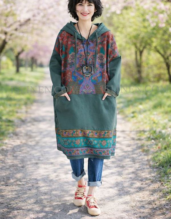 Casual Long Sleeve Floral Tunic Hoodie Dress for Women Green