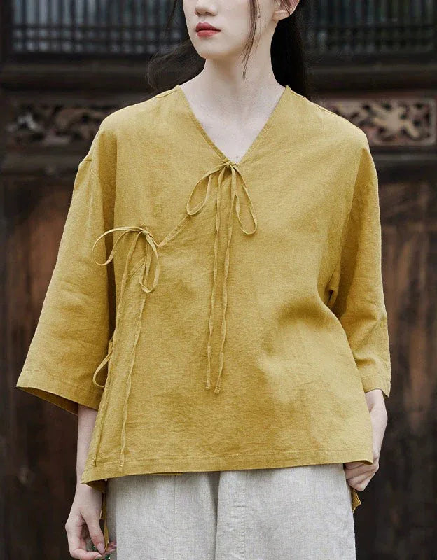 Casual Loose Comfortable Tie-Front Linen Shirt - Islinen