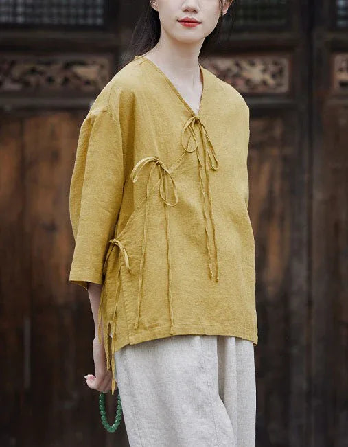 Casual Loose Comfortable Tie-Front Linen Shirt - Islinen