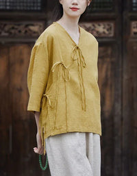 Casual Loose Comfortable Tie-Front Linen Shirt - Islinen