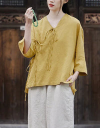 Casual Loose Comfortable Tie-Front Linen Shirt - Islinen
