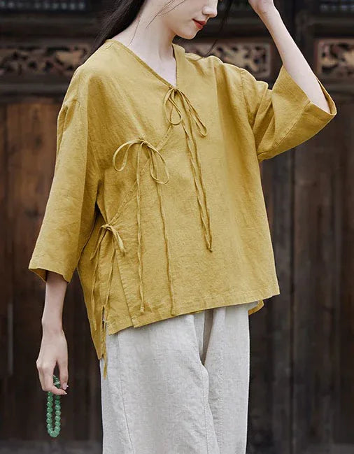 Casual Loose Comfortable Tie-Front Linen Shirt - Islinen