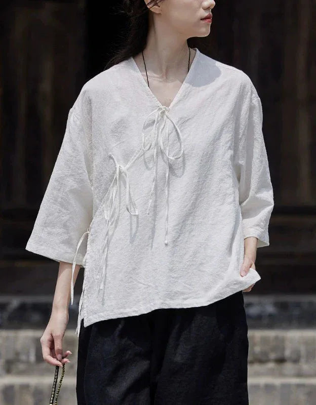 Casual Loose Comfortable Tie-Front Linen Shirt - Islinen