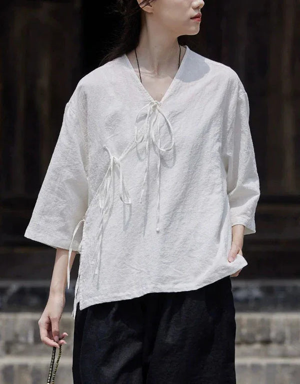 Casual Loose Comfortable Tie-Front Linen Shirt - Islinen