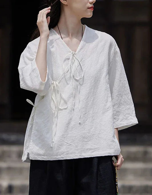 Casual Loose Comfortable Tie-Front Linen Shirt - Islinen