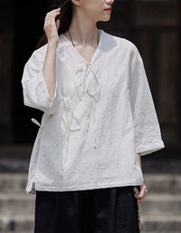 Casual Loose Comfortable Tie-Front Linen Shirt - Islinen