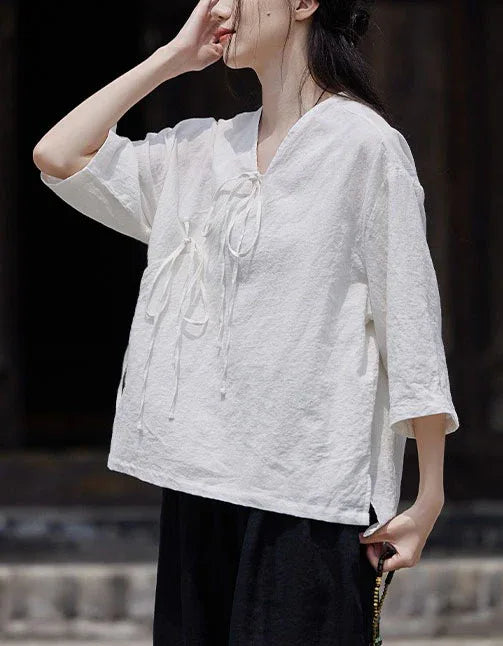 Casual Loose Comfortable Tie-Front Linen Shirt - Islinen