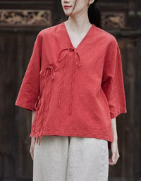 Casual Loose Comfortable Tie-Front Linen Shirt - Islinen