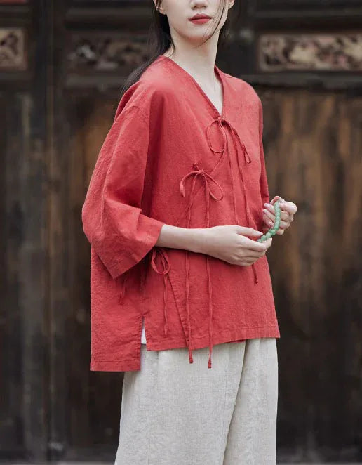 Casual Loose Comfortable Tie-Front Linen Shirt - Islinen