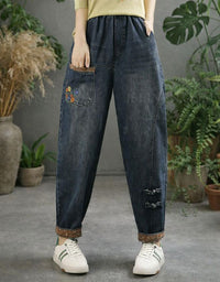 Women’s casual loose-fit denim pants with embroidered pocket