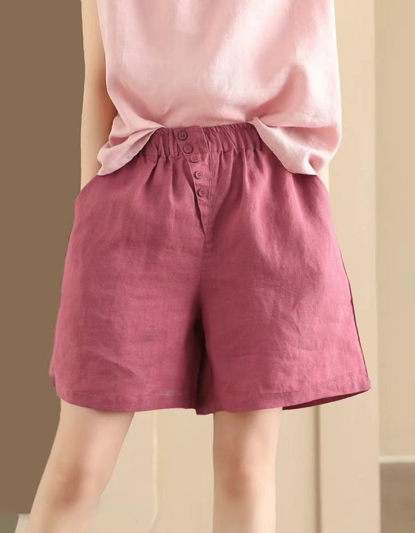 Casual Loose Fit Button Front Linen Shorts