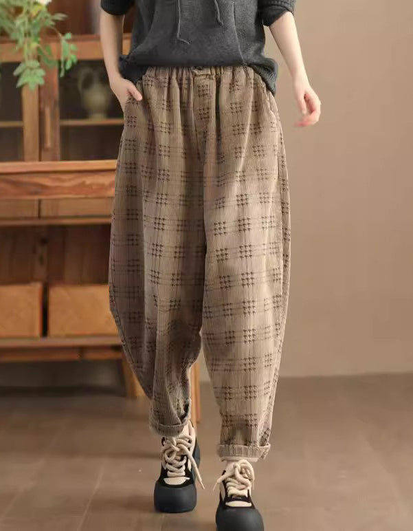 Casual Loose Fit Checkered Corduroy Harem Pants