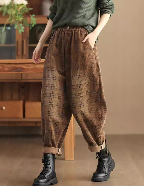 Casual Loose Fit Checkered Corduroy Harem Pants