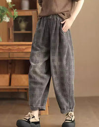 Casual Loose Fit Checkered Corduroy Harem Pants