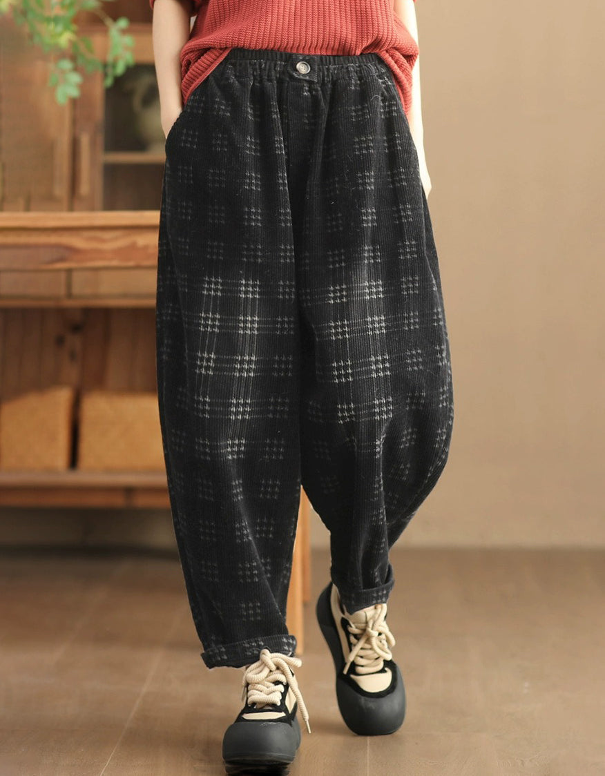 Casual Loose Fit Checkered Corduroy Harem Pants