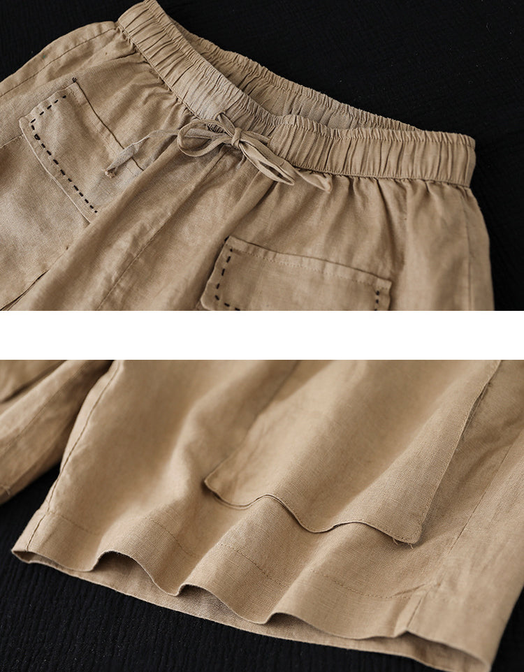 Casual Loose Fit Elastic Waist Linen Shorts
