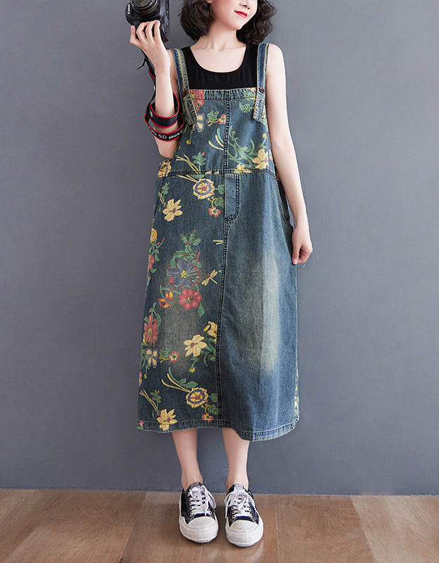 Casual Loose Fit Floral Denim Dress