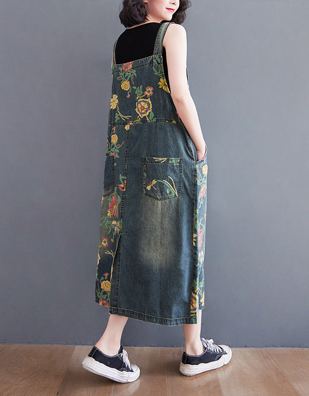 Casual Loose Fit Floral Denim Dress