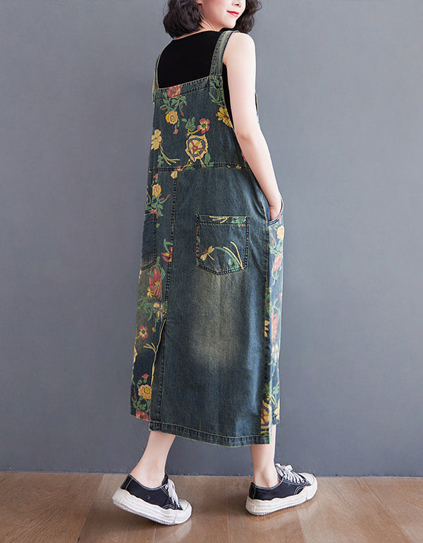 Casual Loose Fit Floral Denim Dress