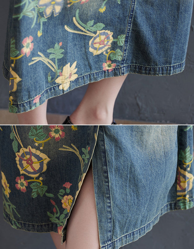 Casual Loose Fit Floral Denim Dress