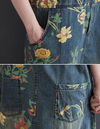 Casual Loose Fit Floral Denim Dress