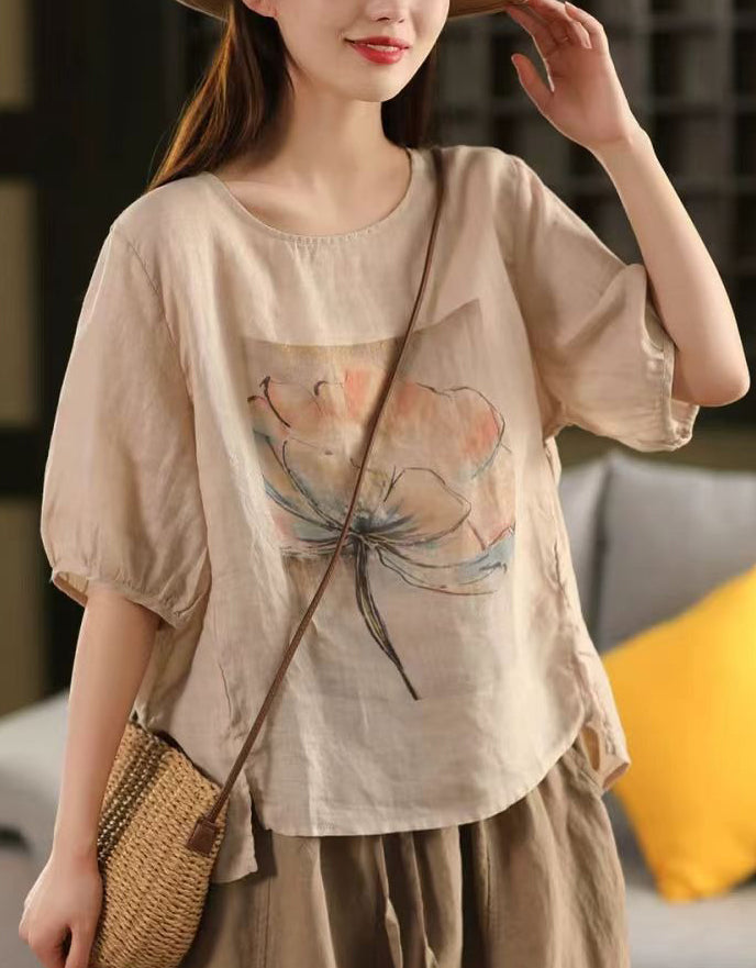 Casual Loose Fit Floral Linen Short Sleeve Shirt
