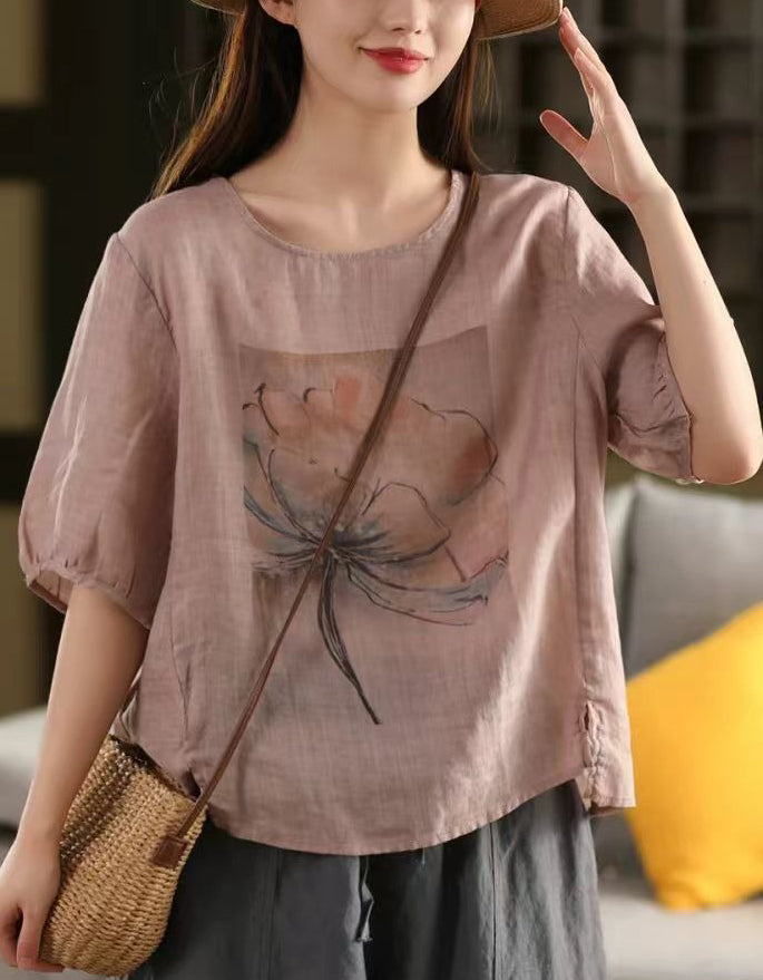 Casual Loose Fit Floral Linen Short Sleeve Shirt