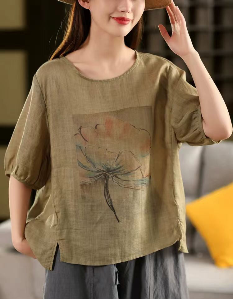 Casual Loose Fit Floral Linen Short Sleeve Shirt
