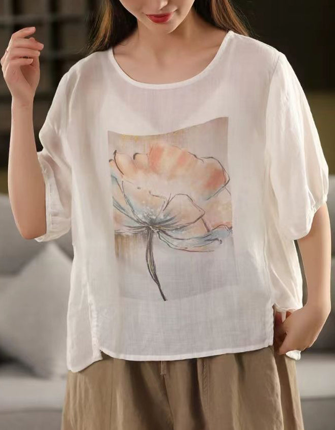 Casual Loose Fit Floral Linen Short Sleeve Shirt