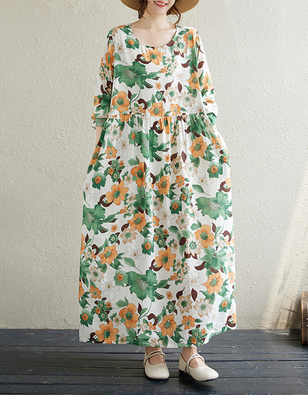 Casual Loose Fit Flower Print Cotton Linen Dress