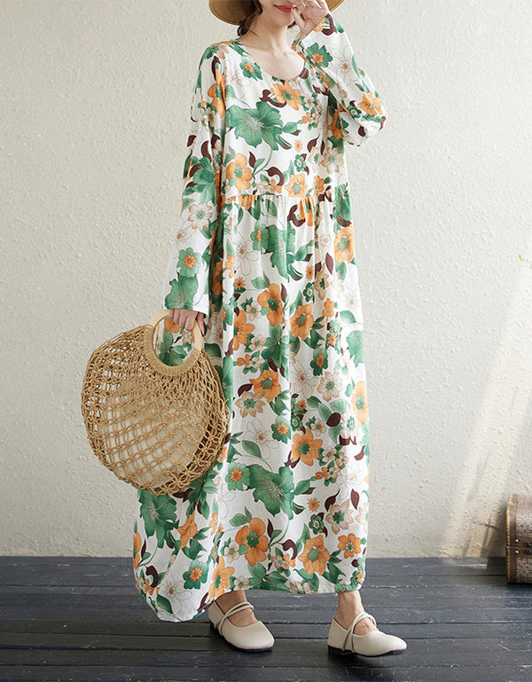 Casual Loose Fit Flower Print Cotton Linen Dress