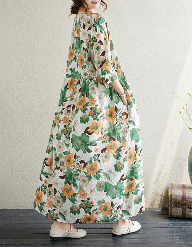 Casual Loose Fit Flower Print Cotton Linen Dress