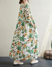 Casual Loose Fit Flower Print Cotton Linen Dress