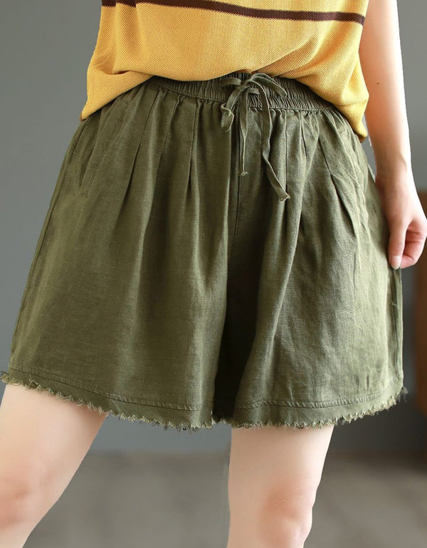 Casual Loose Fit Frayed Hem Linen Shorts