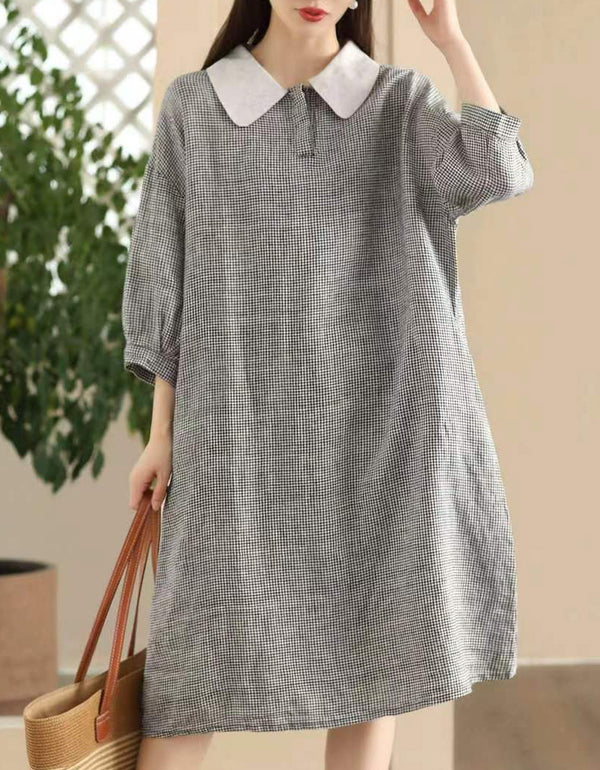 Casual Loose Fit Gingham Peter Pan Collar Linen Dress